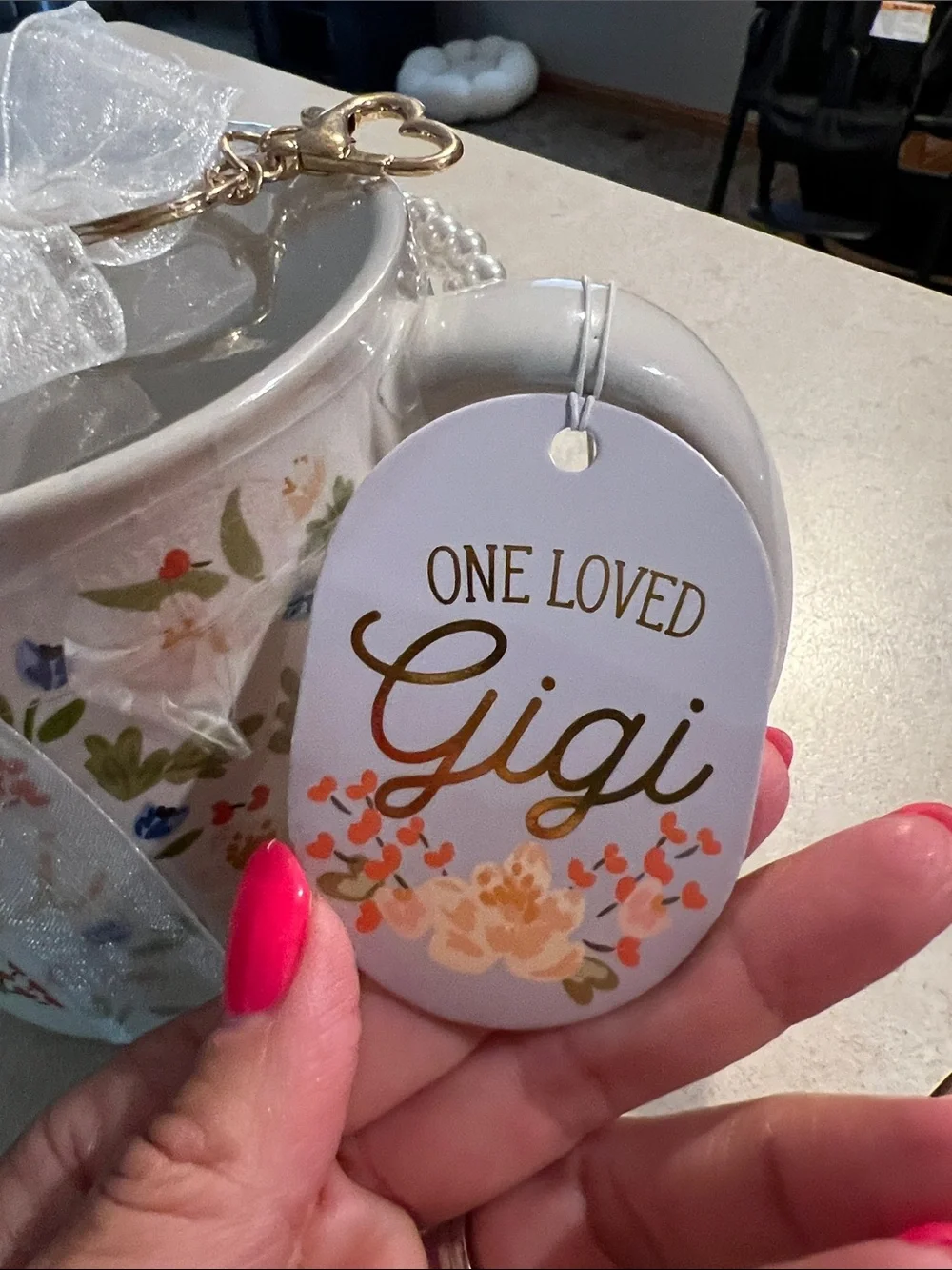Floral White Ceramic Mug with Gold Script and Ribbon